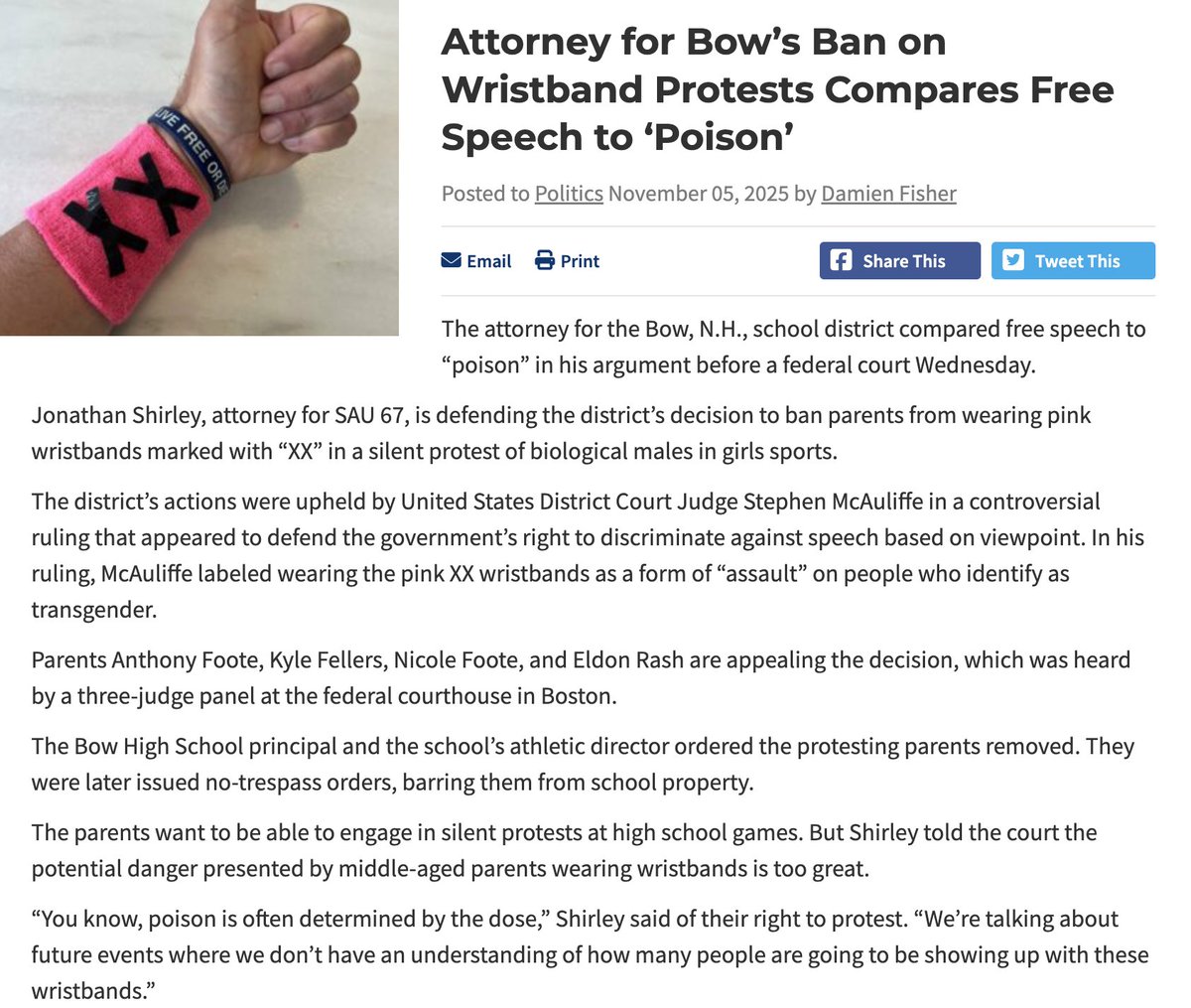 “Your Honors, free speech is not poison.” - IFS Senior Attorney <a href="/KoldeDel/">Del Kolde</a>, in his 1st. Cir. oral argument defending a silent protest involving XX wristbands.

Link to news coverage below.🔽