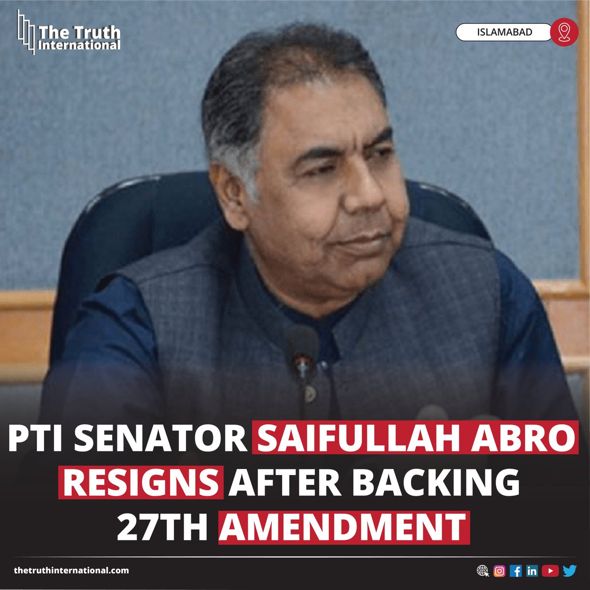 ttimagazine's tweet image. PTI Senator Saifullah Abro Resigns After Backing 27th Amendment

FOR FURTHER DETAILS: thetruthinternational.com/pti-senator-sa…

#BreakingNews #PTI #Senator #SaifullahAbro #Resigns #27thAmendment #ISLAMABAD #TTI