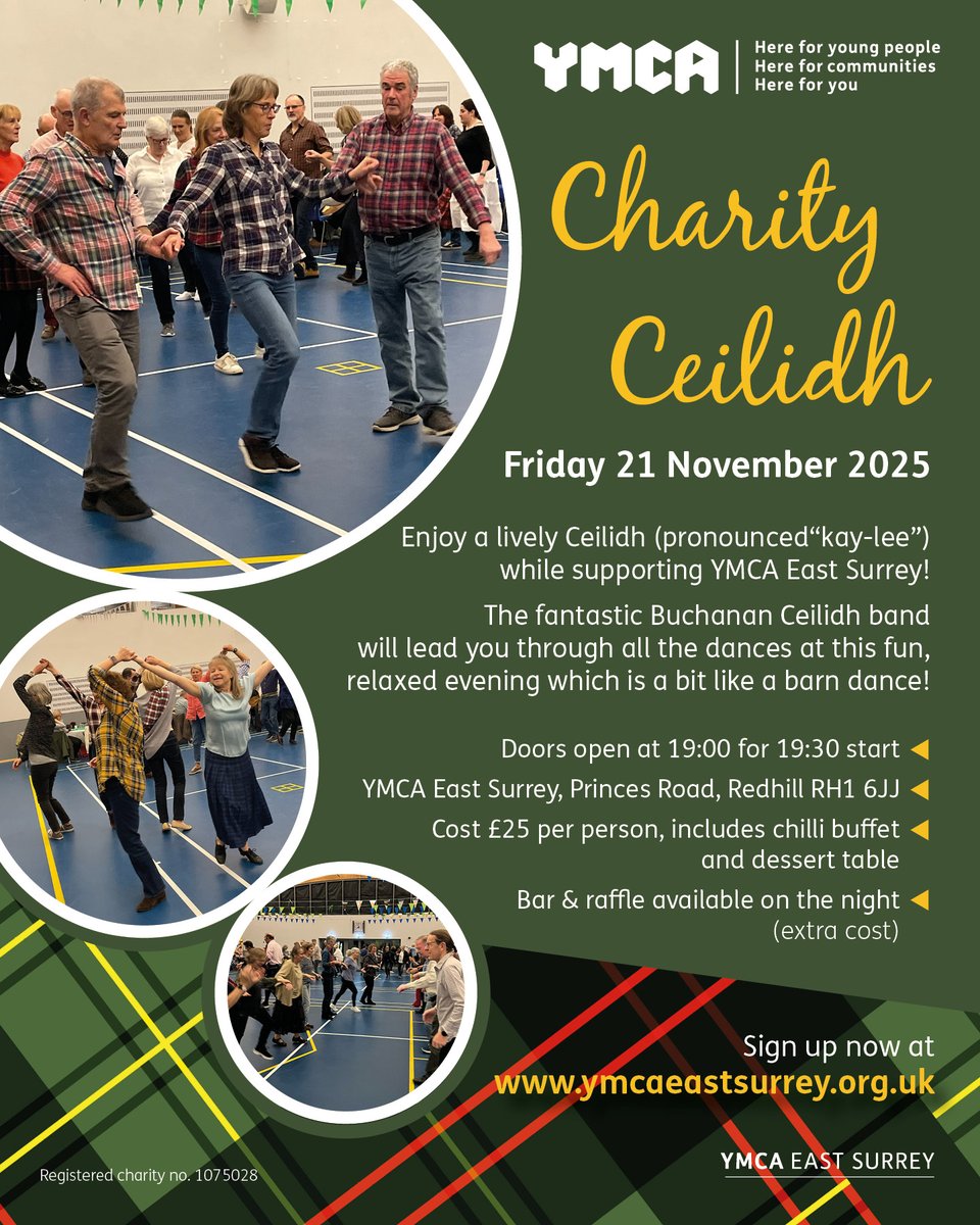 Join us at our Charity Ceilidh, Fri 21 Nov at YMCA Sports &amp; Community Centre Redhill. Doors 7pm, dancing 7:30. No experience needed - our caller will guide you through the steps. 
£25 incl. chilli buffet &amp; dessert. Proceeds go to our Life Change Fund. ymcaeastsurrey.org.uk/events/ceilidh/