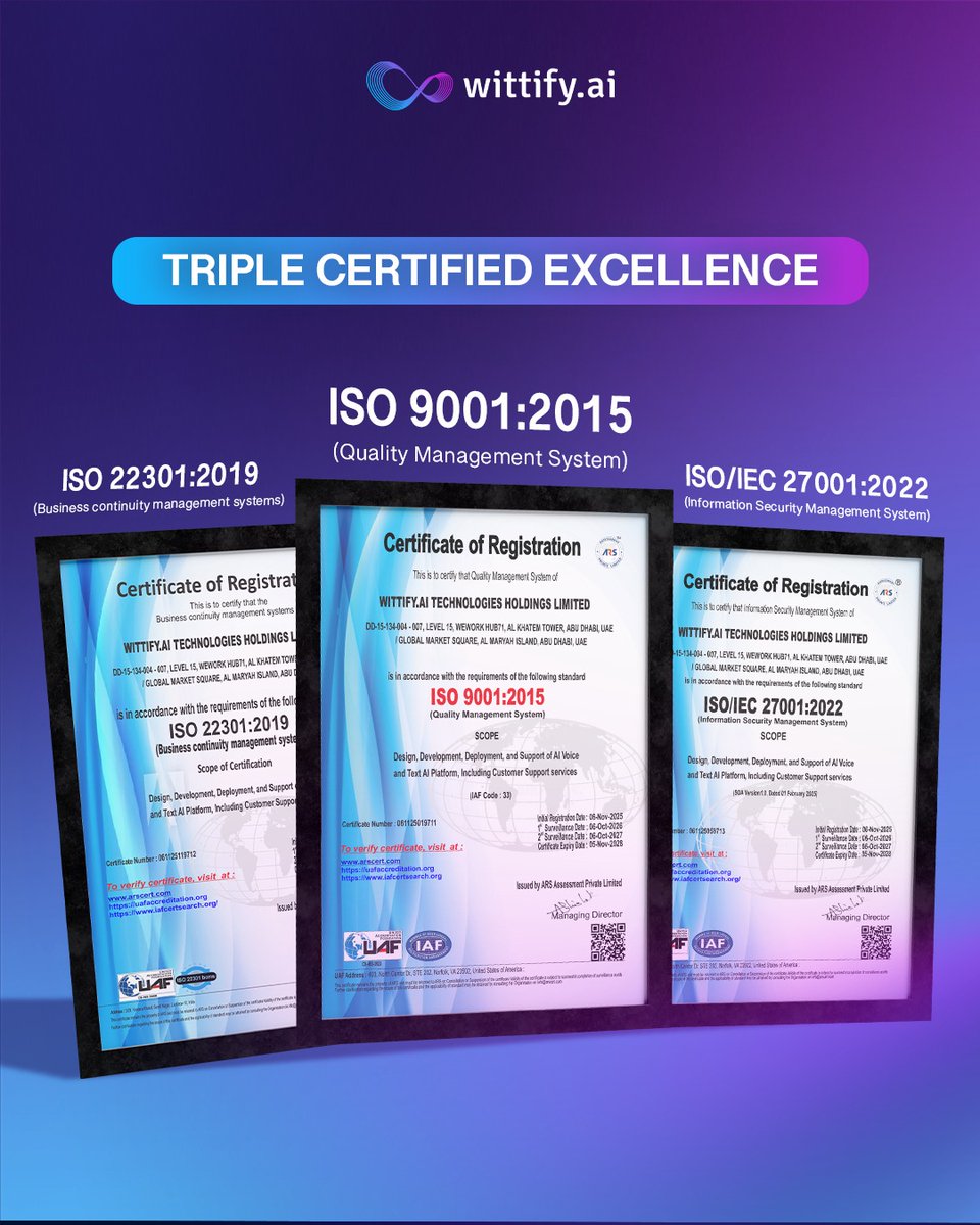 We are incredibly proud to announce that Wittify.ai has secured three vital international ISO certifications — just 4 months after releasing our platform, and only 90 days after the close of our first funding round!
#InformationSecurity #Quality #BusinessContinuity
