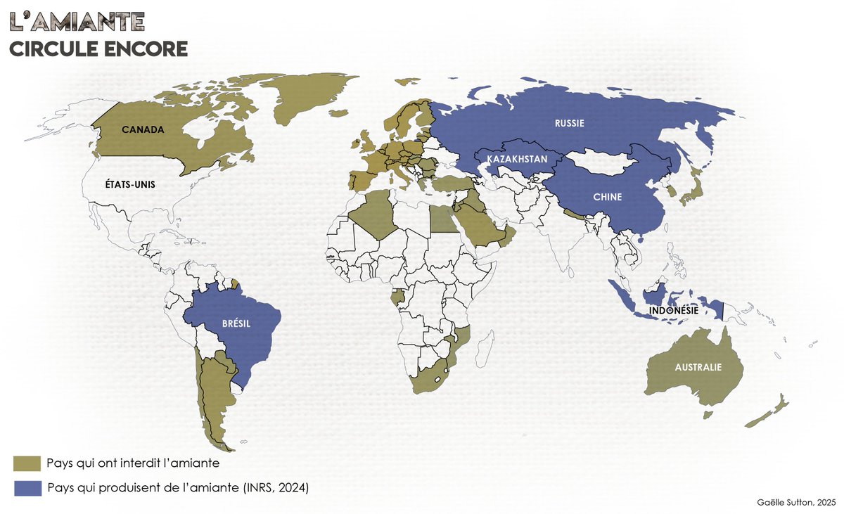 🗺️ Jour 10 du #30DayMapChallenge - L'Air  Connaissez vous le chrysotile ? C'est le nom générique donné à l'amiante, qui flotte encore dans l'air et dont les fibres se retrouvent dans les poumons et les détruisent, petit à petit, lorsque l'on est exposé.