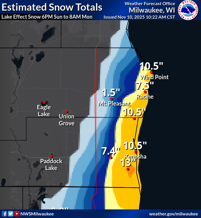 NWSMilwaukee's tweet image. Here are the estimated snowfall totals from the lake effect snow event from last night. #wiwx