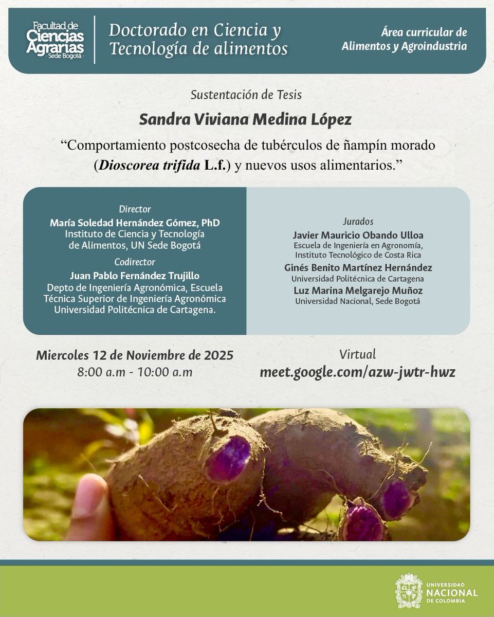 🚨Invitación a la Sustentación de Tesis de Doctorado en Ciencia y Tecnología de Alimentos. Comportamiento postcosecha de tubérculos de ñampín morado
(Dioscorea trifida L.f.) y nuevos usos alimentarios. 
🗓️12 de noviembre
⏰8:00 am
💻 meet.google.com/azw-jwtr-hwz