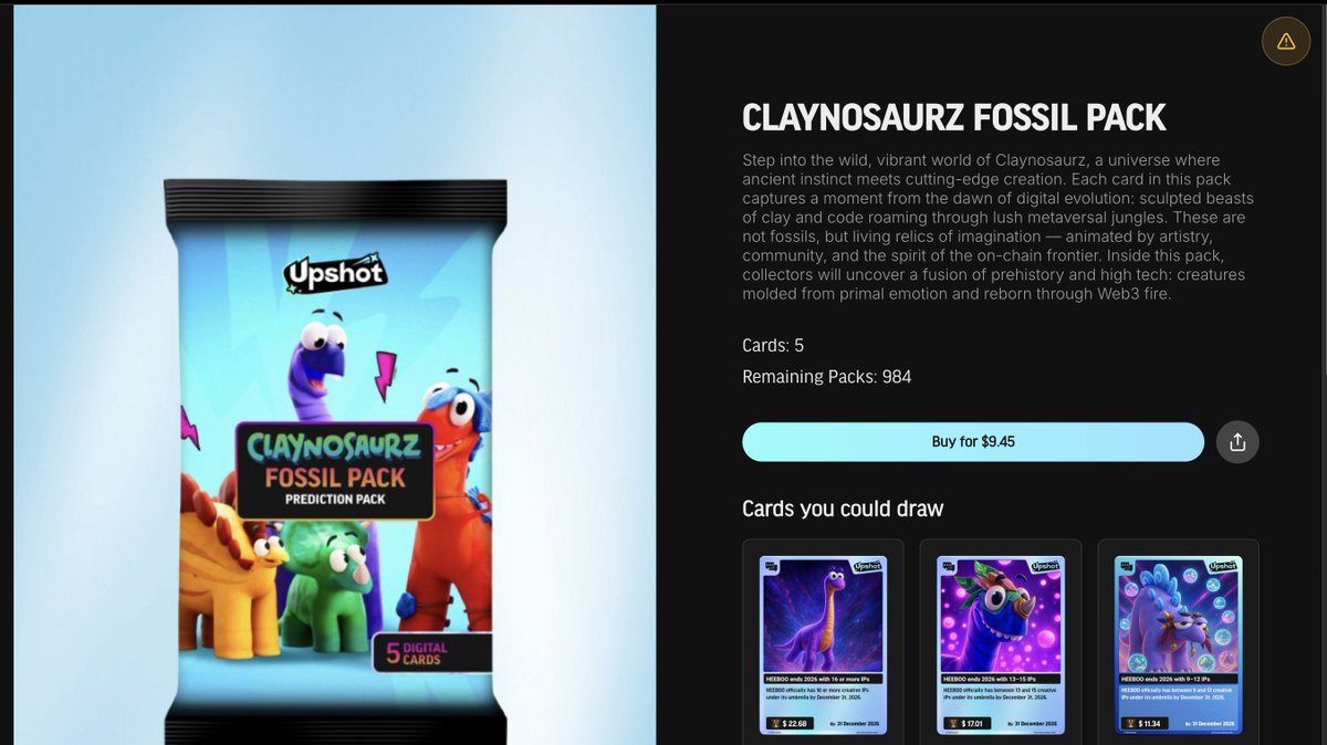 The new <a href="/upshot_cards/">Upshot</a> and <a href="/Claynosaurz/">Claynosaurz</a> collab booster packs are live!  go get yours!

upshot.cards/invite-code?co…