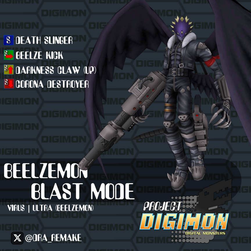 DRA_Remake's tweet image. For Ultra, Beelzemon shifts into blast mode, which boosts offensive power drastically. Follow up attacks imbue their melee specials while having access to a deadly beam. They have an evo move, an unblockable attack: Leomon&apos;s Fist of the Beast King!

#projectdigimon #beelzemon