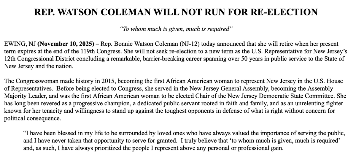 MattFriedmanNJ's tweet image. Democratic Rep. Bonnie Watson Coleman, 80, will not seek another term. She's been in the House since 2015. Safe Democratic district in Central Jersey.