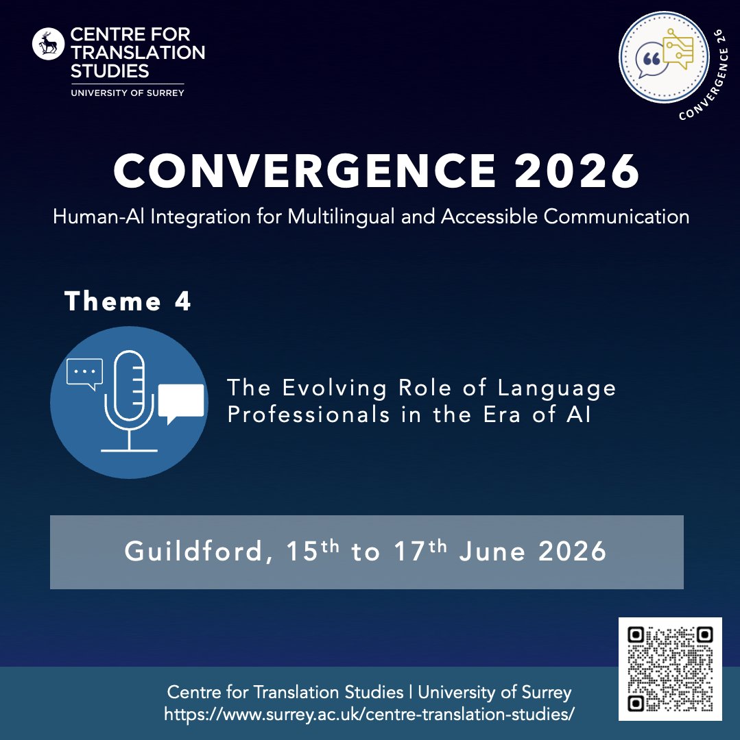 CTS_Surrey's tweet image. | Convergence Conference: 15 – 17 June 2026 |

We are proud to announce our 2nd #Convergence #Conference on Human-AI Integration for Multilingual &amp;amp; Accessible Communication

🔗 See: surrey.ac.uk/centre-transla…

✍ We invite contributions fitting one or more of our six themes