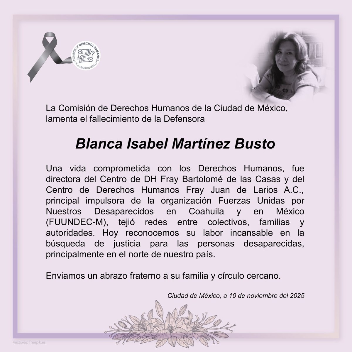 #CDHCM lamenta el fallecimiento de la Defensora Blanca Martínez, enviamos nuestras condolencias a su familia y círculo cercano.