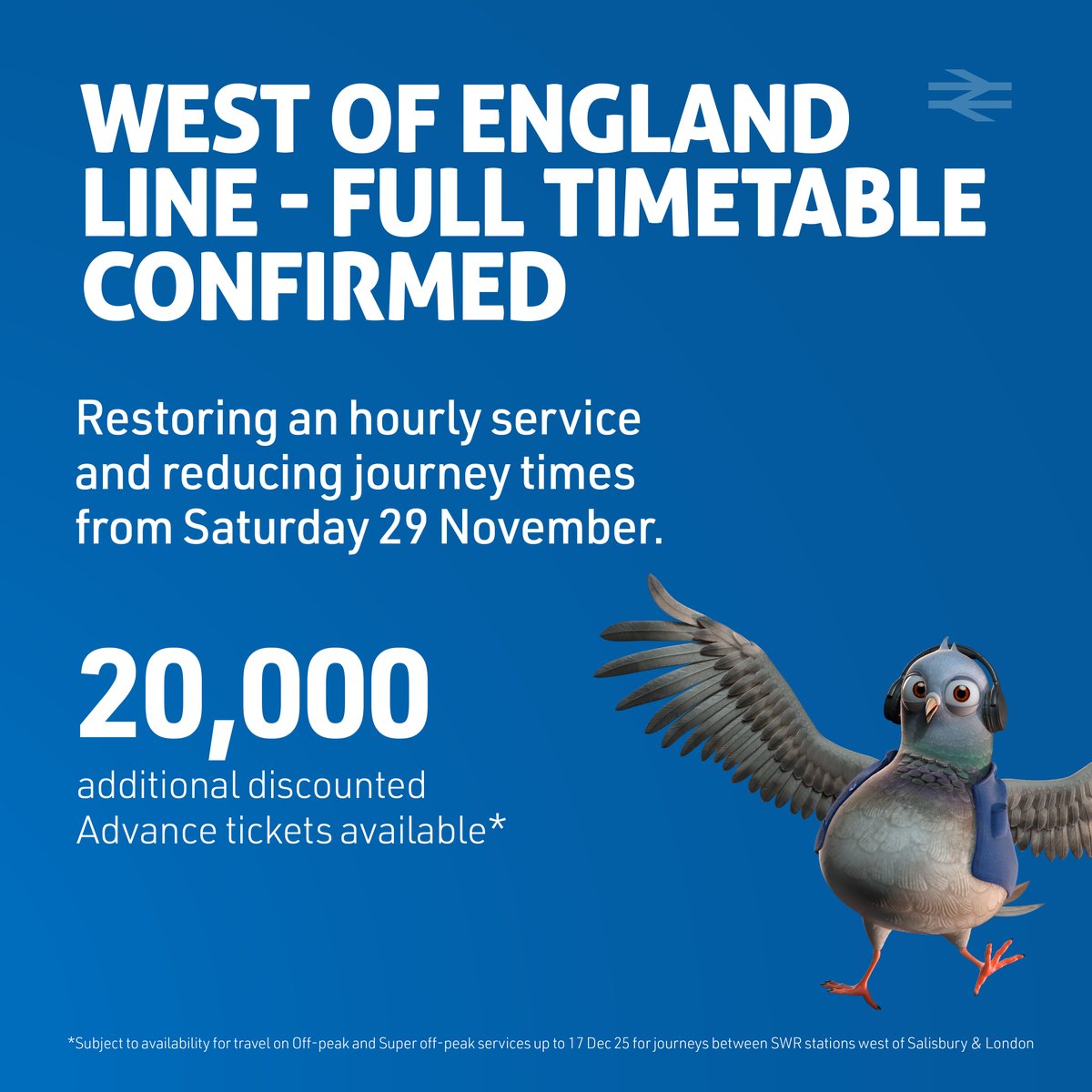 To welcome customers back to the fully restored West of England line, we’re releasing 20,000 discounted fares for travel between London Waterloo and stations west of Salisbury. Advance tickets start from just £13. Valid for travel until 17 Dec. Book on the SWR website 👇