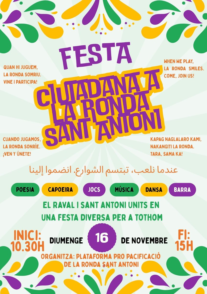 Com a un dels col.lectius que conformem la #PlataformaproPacificació de la #RondaSantAntoni us convidem a acompanyar-nos i a participar de la #FestaCiutadanaIntercultural que tindrà lloc aquest diumenge.