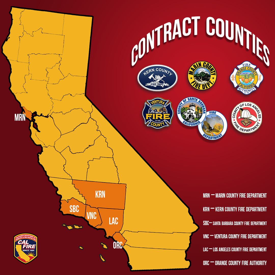 CAL_FIRE's tweet image. 🔥 What’s a “Contract County”?

California’s fire protection system is unique. While CAL FIRE directly operates 21 Units statewide, six counties run a little differently: Marin, Kern, Santa Barbara, Ventura, Los Angeles, and Orange.

In these counties, the county’s fire…