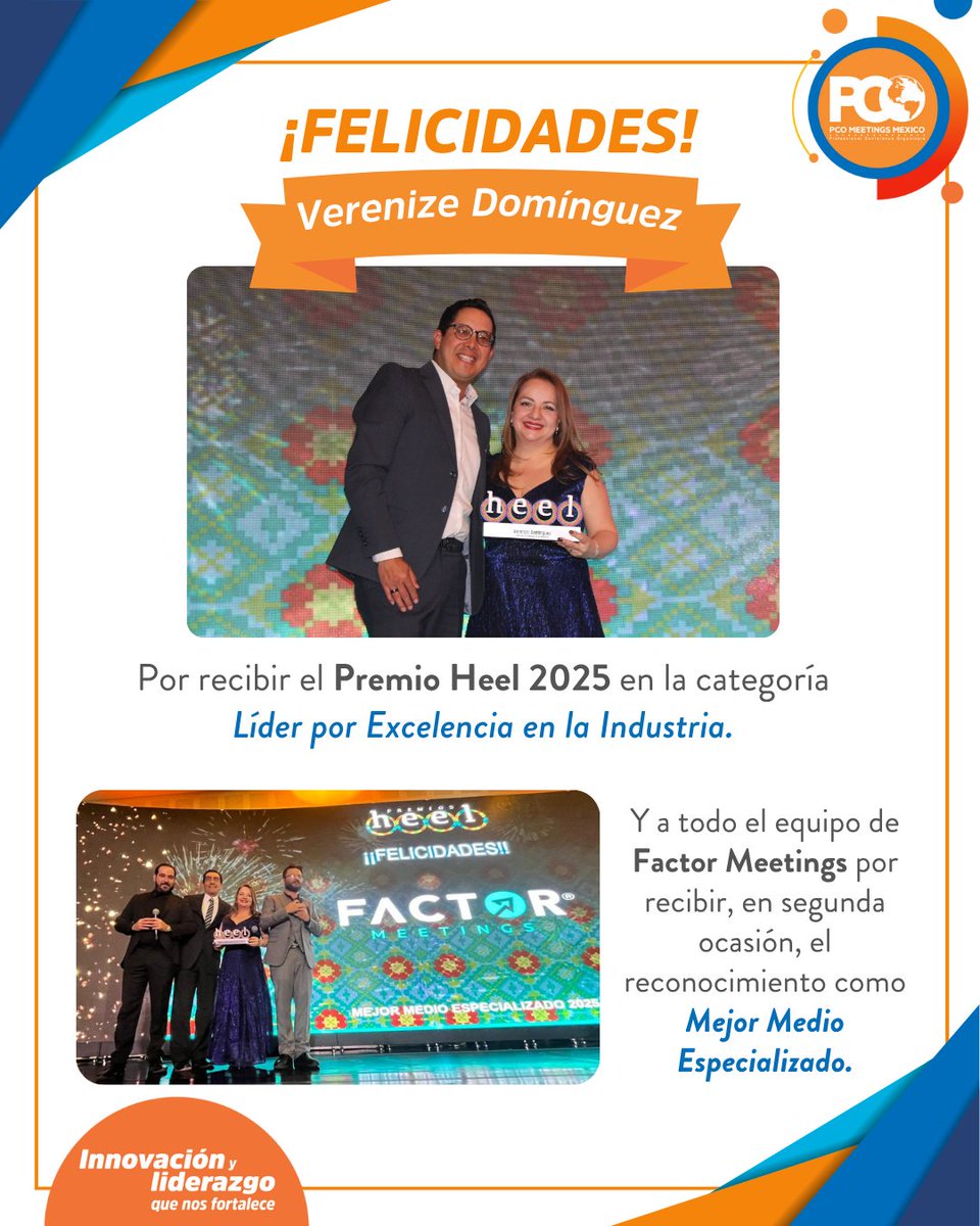 Desde PCO Meetings México celebramos a nuestra querida Verenize Domínguez por su reconocimiento como Líder por Excelencia en la Industria en los #PremiosHeel2025. Un logro que refleja su trayectoria, pasión y liderazgo en el sector. 🙌✨

Extendemos también una felicitación a