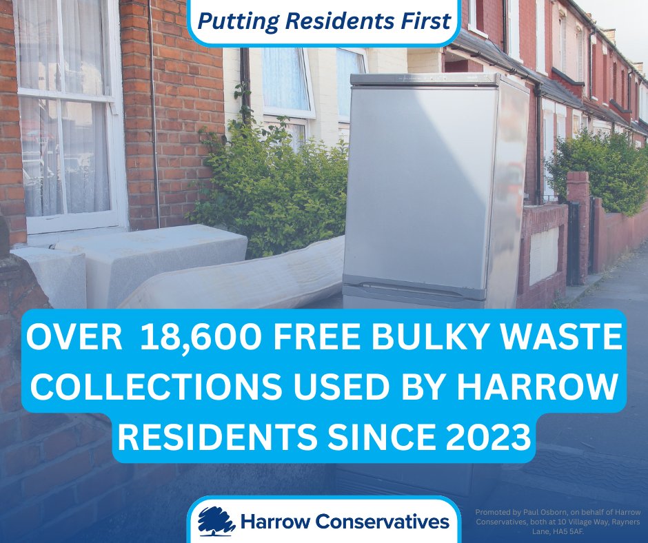HAConservatives's tweet image. In 2023 we implemented our free bulky waste collection service, allowing every Harrow household to have one free bulky waste collection per year (of up to 4 items). Harrow is one of the only London boroughs to offer this free service and it has proven very popular with residents.