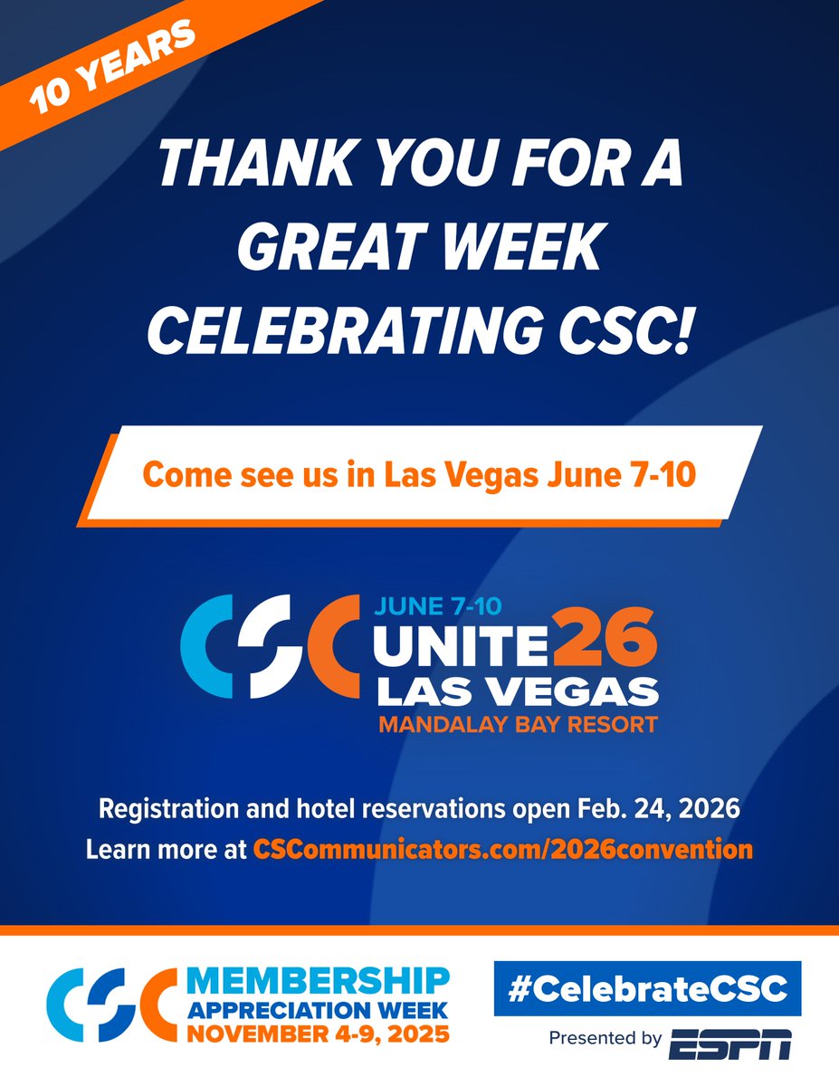 CollSportsComm's tweet image. We are grateful for everyone who helped #CelebrateCSC this past week! Let’s have a great rest of the year and keep supporting one another and serving student-athletes. 

And don&apos;t forget to save the date for #CSCUnite26 in Las Vegas on June 7-10!