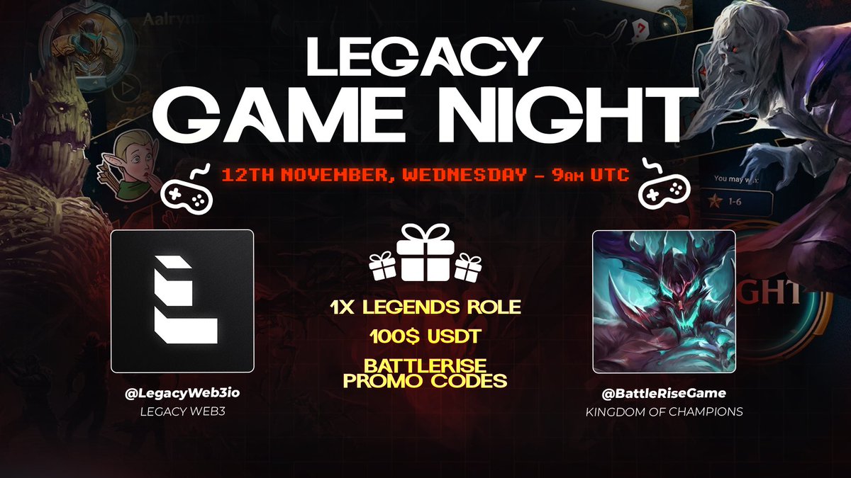 LegacyWeb3io's tweet image. Legacy gamenights are back 🎮

We&apos;re excited to team up with @BattleRiseGame for an Epic Gamenight event 

BattleRise: Kingdom of Champions is a collectible RPG where strategy and synergy lead to victory. Build your team of legendary champions, conquer cursed dungeons, and battle…