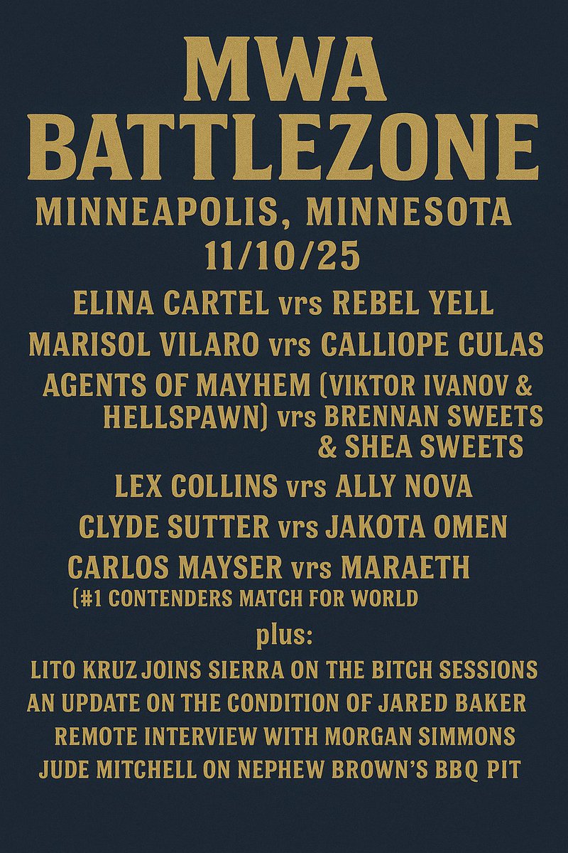 LGx1969's tweet image. MWA Battlezone: 
November 10, 2025 

MAIN EVENT: CARLOS MAYSER VS MARAETH
(#1 Contender for World Championship)

MAYSER: HINGE [bit.ly/4p2CLEv] 
MARAETH: PROJECT RAINBOW [bit.ly/3JTWiba]  

RESULTS STREAM: [bit.ly/49Iy6my]