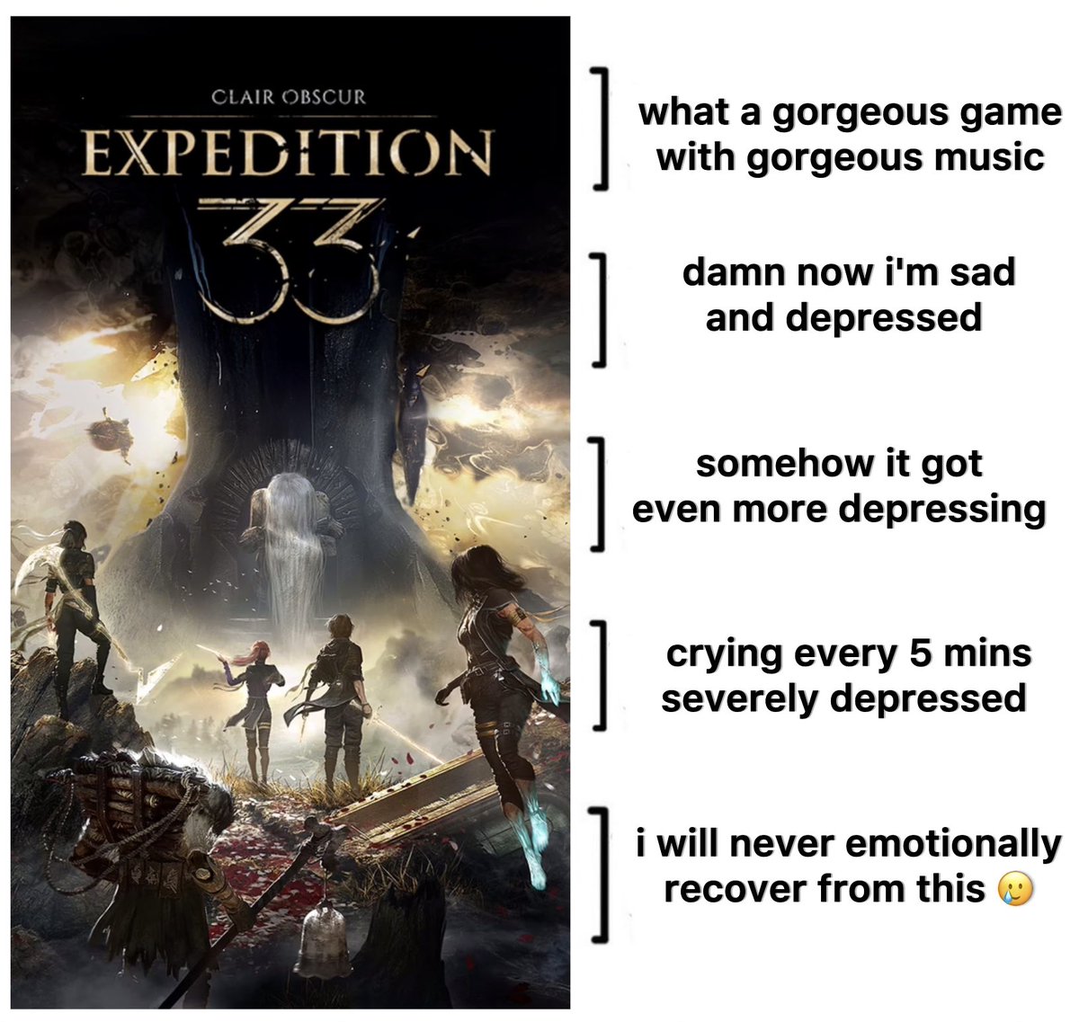 luscielia's tweet photo. five stages of playing expedition 33 https://t.co/I6fkxq36jL