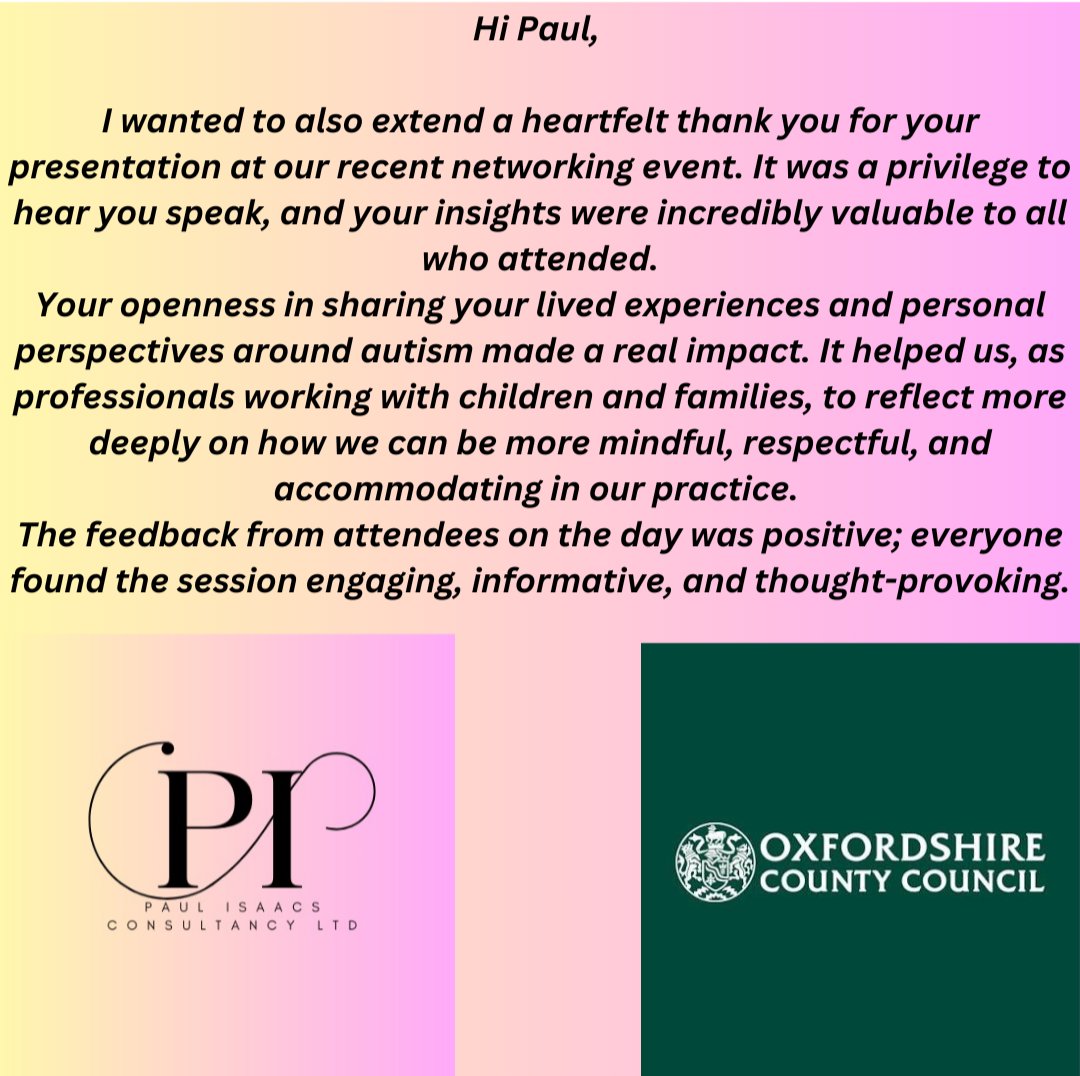 Last week I spoke in Abingdon at a networking event, thank you very much for the feedback and I look forward to future endeavours.

Paul Isaacs 2025

#autism #autismfruitsalad #networking #paulisaacs #paulisaacsconsultancyltd.