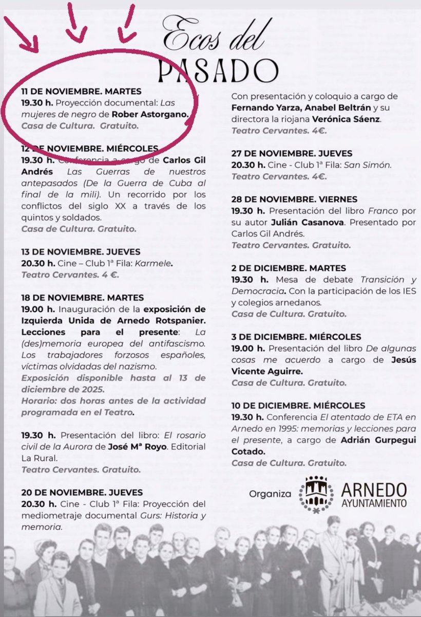 Este martes 11 de Noviembre a las 19:30h #LasMujeresDeNegro en Arnedo abriendo el programa "Ecos del Pasado", organizado por el <a href="/aytoarnedo/">Ayuntamiento Arnedo</a>
Muchas gracias por difundir la memoria.
#women #película #Mujeres #film #documental #cine #cinema #MemoriaDemocratica #Memoria
