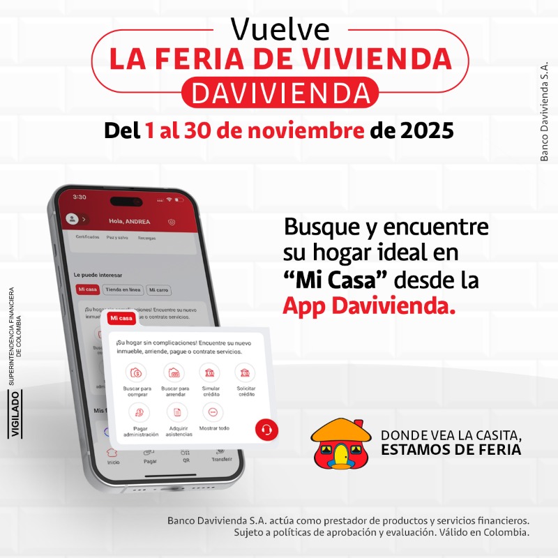 Davivienda's tweet photo. ¡Vuelve la Feria de Vivienda Davivienda! 

Porque tener casa propia sí es posible: 
Tasas desde 9% E.A. 
$0 en avalúo y estudio de títulos en Leasing Habitacional.

Donde vea la casita, estamos de feria.

Vigencia del 1 al 30 de noviembre del 2025. *Aplican condiciones.
