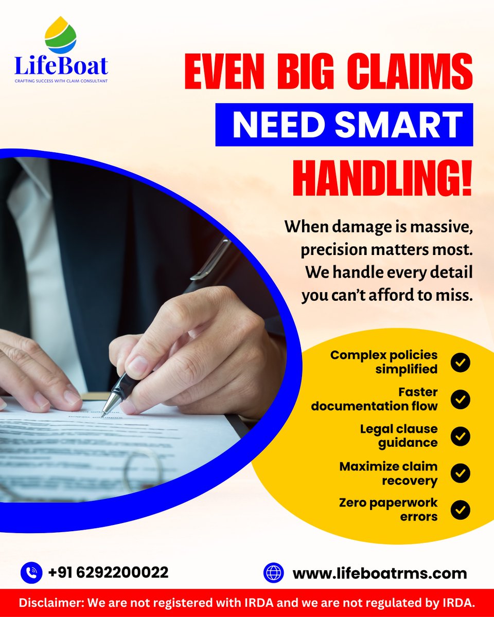lifeboatrms's tweet image. Big claim? Bigger responsibility.
Because every large loss deserves a smart approach — not a lucky one.

📞 +91 6292200022
🌐 lifeboatrms.com
📩 care@lifeboatrms.com

⚠️ Disclaimer: We are not registered with IRDA and are not regulated by IRDA.

#LifeBoatSupport