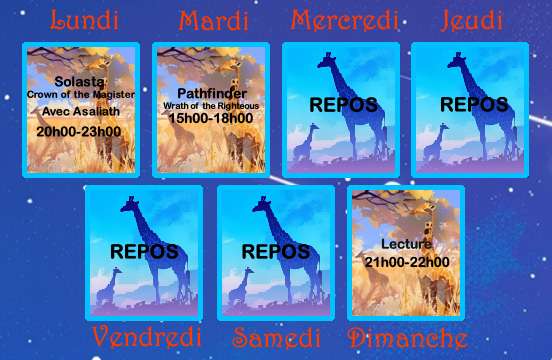 Et plop par ici!
Cette semaine du 10/11 au 16/11 sur twitch.tv/arzilia
Lun: Solasta - Crown of the Magister avec <a href="/AsaliathTv/">Asaliath</a> 
Mar: Pathfinder - Wrath of the Righteous
Dim: Lecture - La légende de Drizzt - Terre natale de R.A. Salvatore