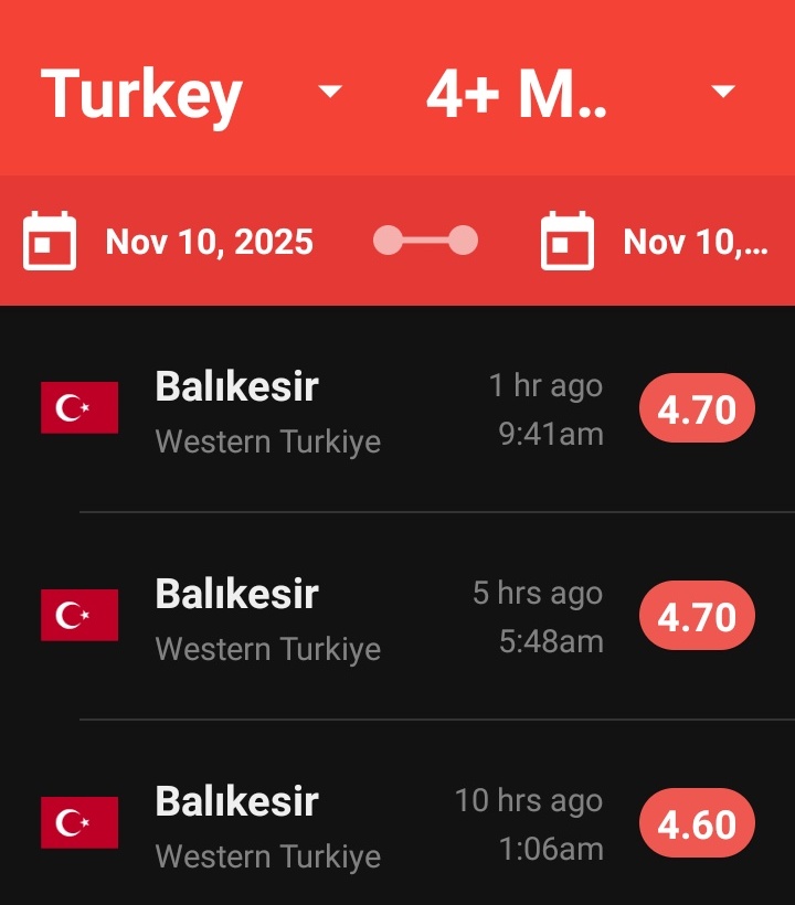 vadedilen's tweet photo. As we mentioned before, we said it would be after November 9, 2025 and just as predicted #earthquake storm began on November 10.
(We had informed you 7 days in advance)
And 3 #earthquakes occurred in #Balıkesir:
M4.8 – 9:41 a.m.
M4.7 – 5:48 a.m
M4.6 – 1:06  am
(We said M5 later) https://t.co/DO4KNiLXyX