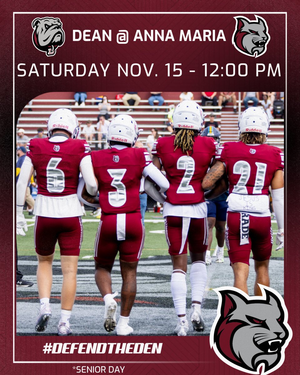 🚨 Anna Maria Football Senior Day 🚨
Final regular season game against Dean this Saturday at 12:00. All recruits interested in attending, reach out to myself or another coach on staff.
#DefendTheDen