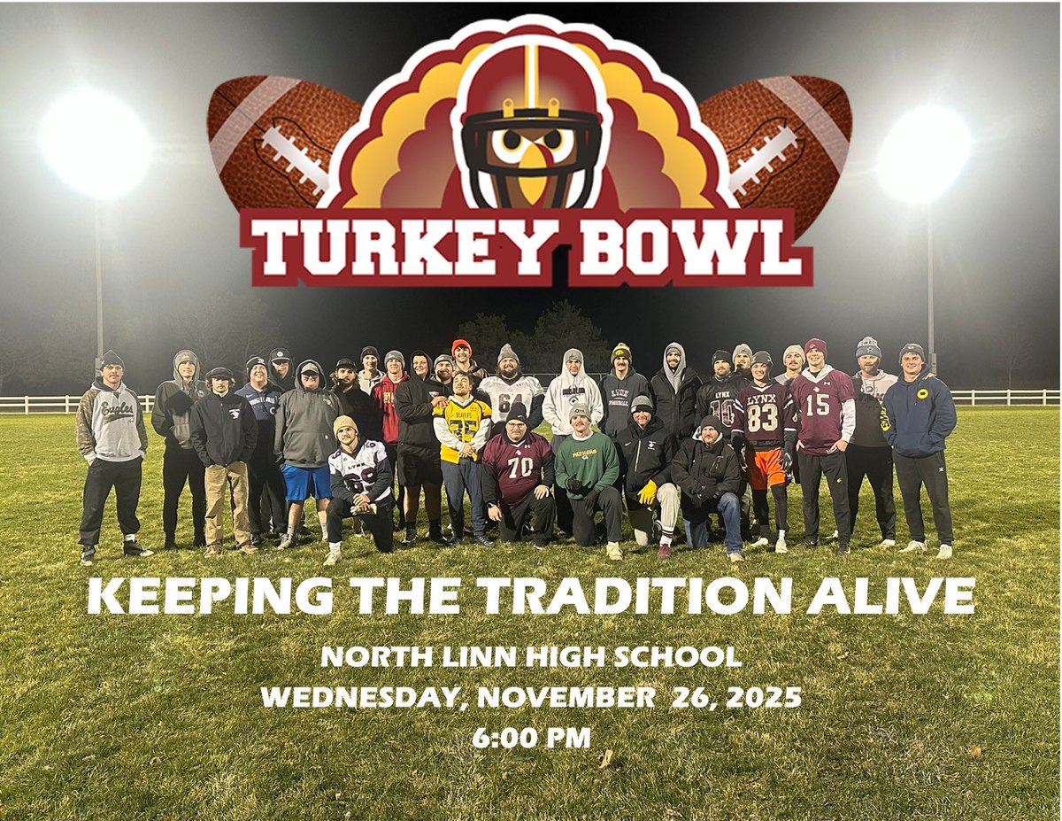 BStepp12's tweet photo. 🏈🦃It’s Turkey Bowl time!🦃🏈

Play, watch, or just hang out and talk some smack from the sidelines — All North Linn Alumni welcome! 

📅 Wednesday, Nov 27th
🕖 6PM
📍 3033 Lynx Dr, Coggon, IA 52218

Let’s see who’s still got it (and who’s pulling a hammy five minutes in). https://t.co/H5dNIpuE6P