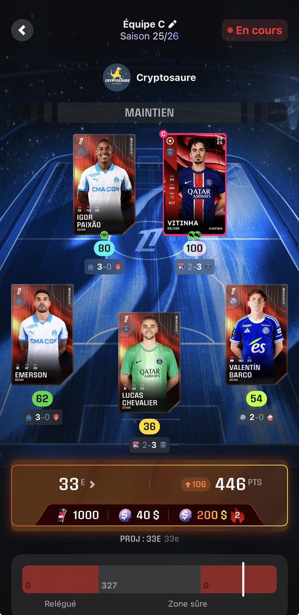 Cryptosaure50's tweet photo. Streak 3 validé 🔥 

C’est Beau l’amitié OM - PSG 😅 

#sorare 

Merci Vitigoat https://t.co/v3aMEQV2Tm