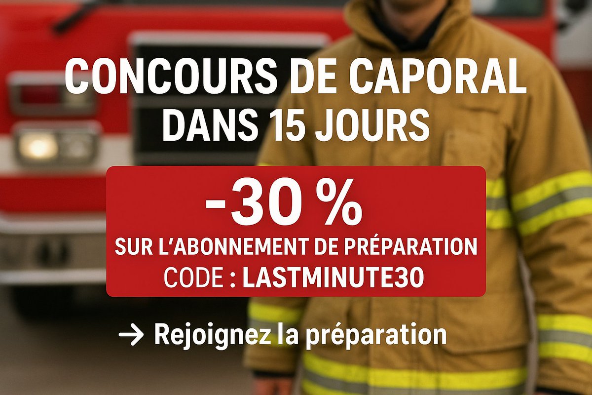 Concours de caporal dans 15 jours. Passez à l’action : -30 % avec le code Lastminute30 sur la préparation.
➡️ protectiris-formations.com/nos-formations/
#ConcoursSPP #Caporal #SapeursPompiers #PréparationConcours