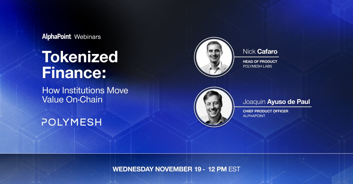 AlphaPointLive's tweet image. We&apos;re hosting @PolymeshNetwork to explore how institutions are using #tokenization to modernize traditional assets, streamline settlement, and unlock market efficiency: us06web.zoom.us/webinar/regist…