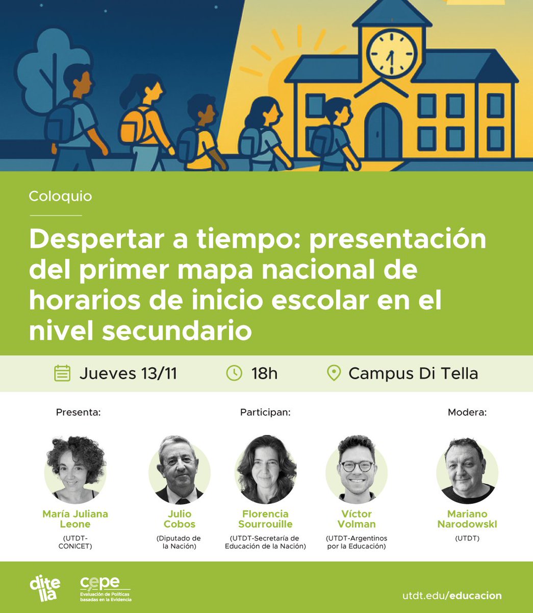 utditella's tweet photo. El @CEPEDiTella y el Área de Educación de @UTDT_Gobierno invitan a este coloquio.

🗣️ @JuliLeone (CEPE Di Tella-@CONICETDialoga) presentará los resultados del primer mapa nacional de horarios de inicio en las escuelas secundarias de la Argentina, elaborado a partir del Relevamiento Anual 2024.

💬 Participan: @juliocobos, diputado de la Nación por la provincia de Mendoza; @FSourrouille, profesora del Área de Educación UTDT y directora nacional de Análisis Estratégico de Datos y Difusión de la Información Educativa (Secretaría de Educación de la Nación); y Víctor Volman, profesor del Área de Educación UTDT y director del Observatorio @ArgxEdu.

🎤 Modera: Mariano @narodowski, director del Área de Educación, UTDT.

🔗 Inscripción, acá: https://t.co/7AH3Ysvhu6