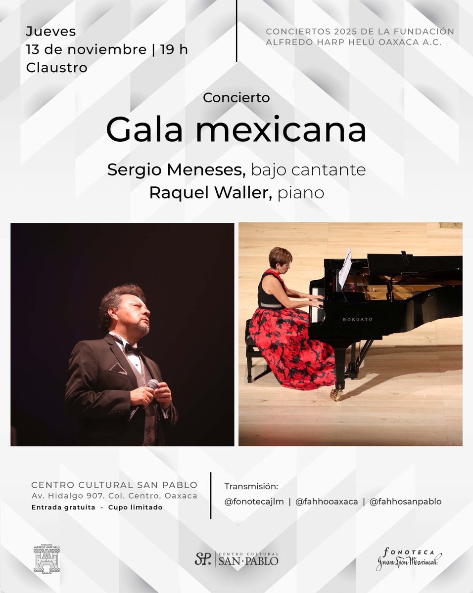 Este jueves: 
Se acerca el concierto de Sergio Meneses, bajo cantante y Raquel Weller, piano ¡y tú estás invitado! Asiste y disfruta este 13 de noviembre a las 19h en el claustro del <a href="/fahho_sanpablo/">Centro Cultural SP</a> 
<a href="/FundacionAHHO/">Fundación Alfredo Harp Helú Oaxaca</a>

ENTRADA LIBRE 
CUPO LIMITADO