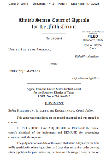 Guruleaks1's tweet photo. 5th Circuit Court of Appeals Issues Mandate DENYING @pjmatlock Appeal

Sends #AtlasTrading Criminal Case Back to US District Court for Trial

@MrZackMorris @NotoriousAlerts @ultra_calls https://t.co/3evUTqMani