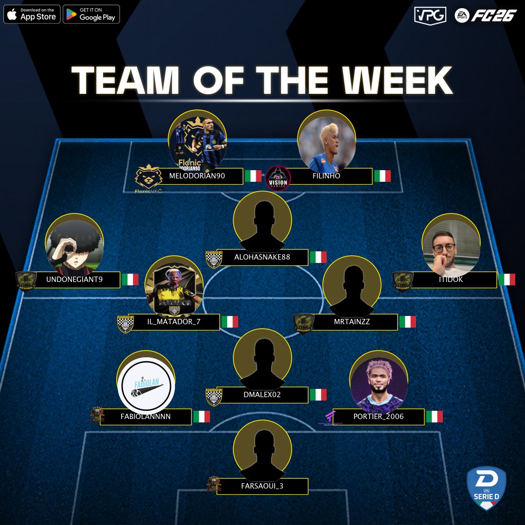 📊 Classifica
⭐️ TOTW #3
🏆 <a href="/VPGItaly/">Virtual Pro Gaming Italy 🇮🇹</a> - Serie D1
🔗 Discord: discord.gg/dANfKrSCvJ

1️⃣ <a href="/BrotherWarsFc/">BrotherWars Fc-Terni FC</a> 🇮🇹
2️⃣ <a href="/HGEsportsASD/">HG Esports</a> 🇮🇹
3️⃣ <a href="/OstiaAnticaEsp/">Ostia Antica eSp</a> 🇮🇹
4️⃣ <a href="/VisionGamingPro/">Vision Gaming</a> 🇮🇹

💪🏽 CONGRATULAZIONI A TUTTI I GIOCATORI SELEZIONATI PER LA SQUADRA DELLA SETTIMANA DI QUESTA SETTIMANA! VI