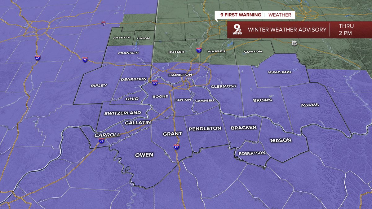 UPDATE: The winter weather advisory continues until 2 p.m. for the counties shaded purple on the map. As you can see, the northern tier of counties has been removed. #cincywx #wcpo