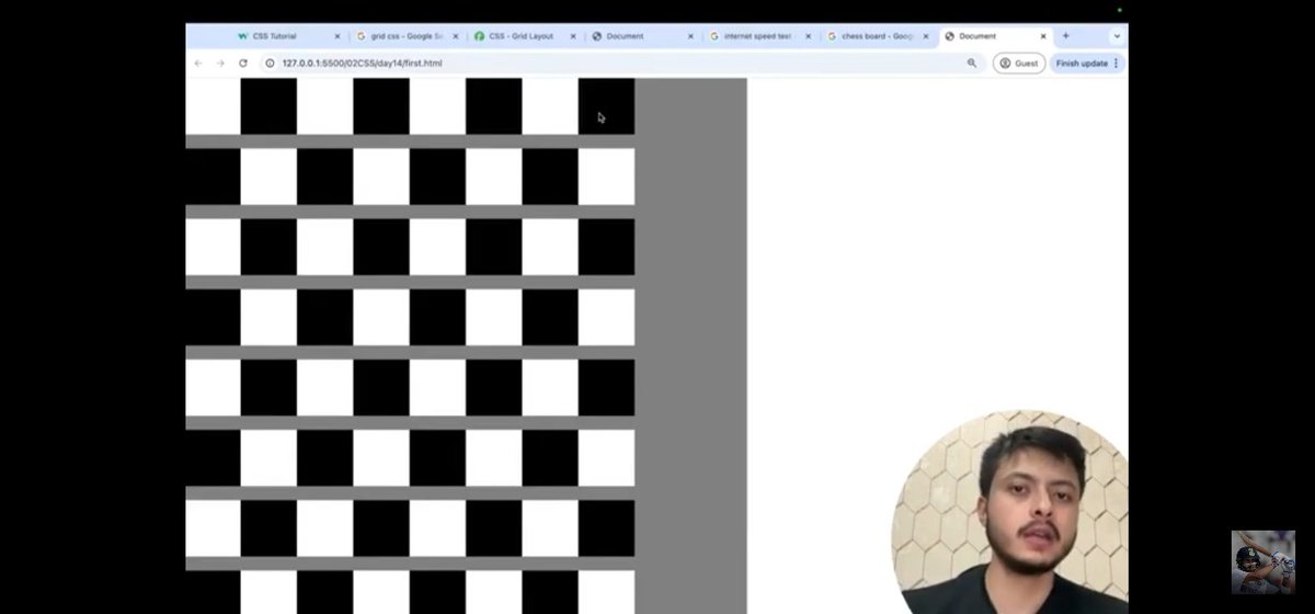 Himansh06588360's tweet image. #Session22-
🚀Web dev

✨Key Takeaways--

 * Grid structure 
 * Responsive sizing with fr units
 * Spanning rows/columns 
 * Building a responsive Chessboard ♟️

Thanks to @rohit_negi9 for the great explanation 🙌.

#webdevelopmentcourse #coderarmy