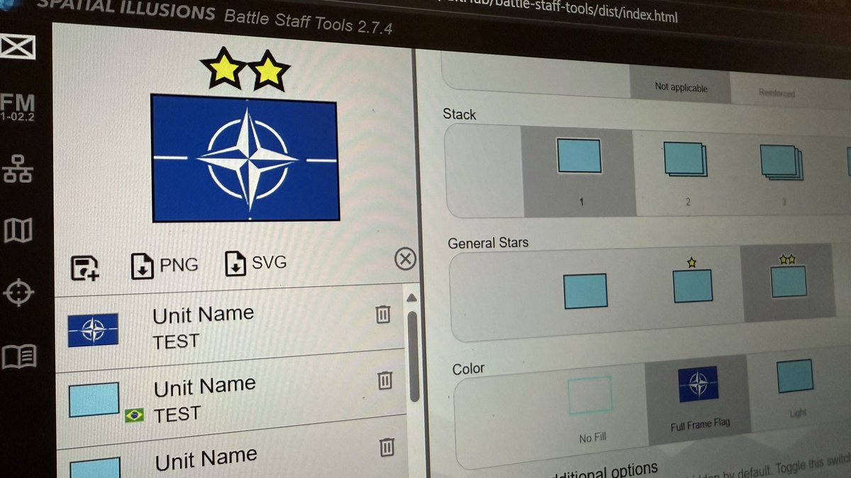spatialillusion's tweet image. Next version of Battle Staff Tools will have support for full frame flags for friendly ground units. It has been requested both for orbats and the map. 
#battlestafftools