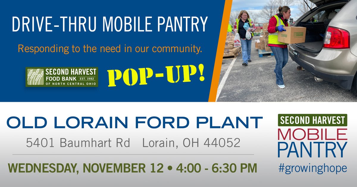 🚨 BREAKING NEWS! 🚨
Second Harvest will host a Pop-Up Drive-Thru Mobile Pantry on Wed, Nov 12 | 4–6:30 PM at the old Lorain Ford Plant (5401 Baumhart Rd, Lorain).

Open to ALL in Lorain, Erie, Huron &amp; Crawford Counties — featuring shelf-stable food, produce &amp; more!