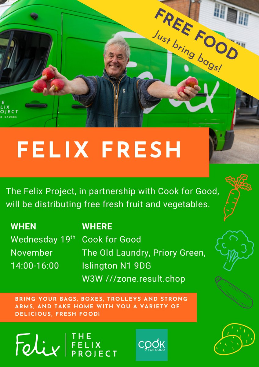 Sharing this from The Felix Project &amp; Cook for Good...

Felix Project food drop
Wed 19 Nov, 2-4pm
Outside Cook for Good, Old Laundry , Priory Green, N1 9DJ
There will be plenty of fresh produce available for residents. Bring your bags, boxes &amp; trolleys!

#foodinsecurity