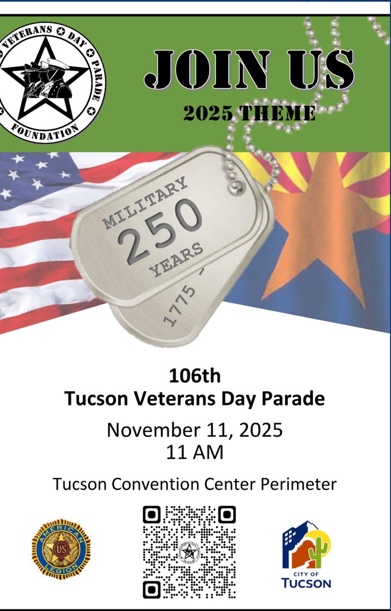 The 106th Tucson Veterans Day Parade happens tomorrow.  Follow the link to get info about the parade as well as traffic restrictions and road closures!  content.govdelivery.com/accounts/AZTUC…!
Thank you to all of our veterans!
