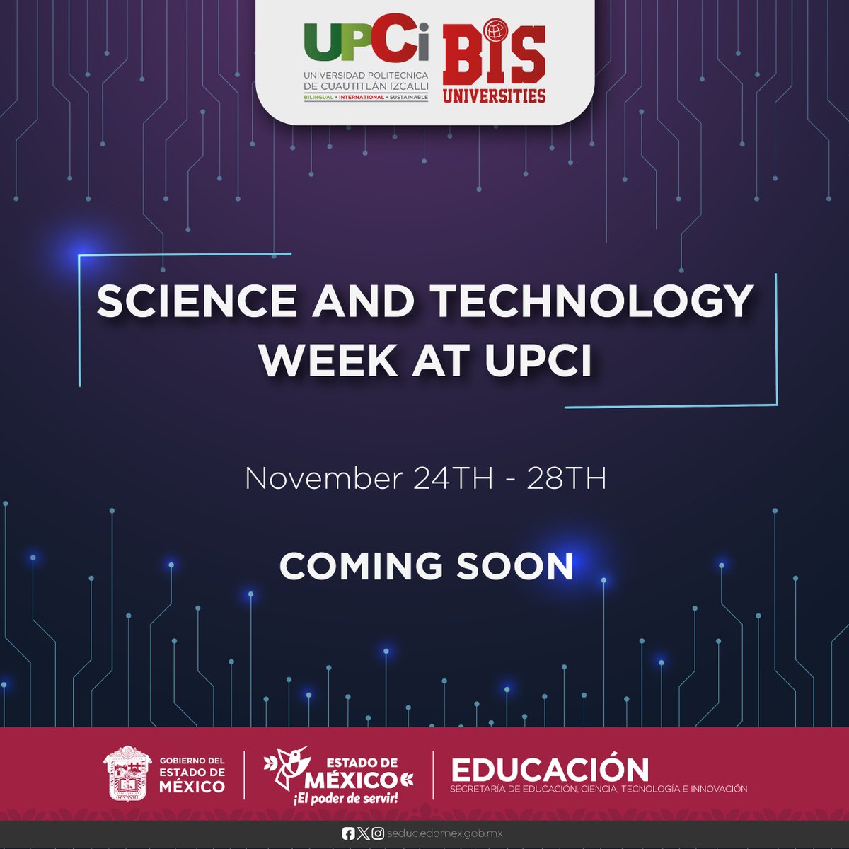 UPCIBis's tweet photo. ¡Se acerca Science and Technology Week! 🚀
Del 24 al 28 de noviembre, la #UPCI se convertirá en un espacio de descubrimiento, innovación y conocimiento. 💡🧠
#ScienceAndTechnologyWeek #SemanaDeLaCienciaUPCI #OrgulloUPCI
#WeArePhoenix #WeAreUPCI https://t.co/EdWWRpwRpU