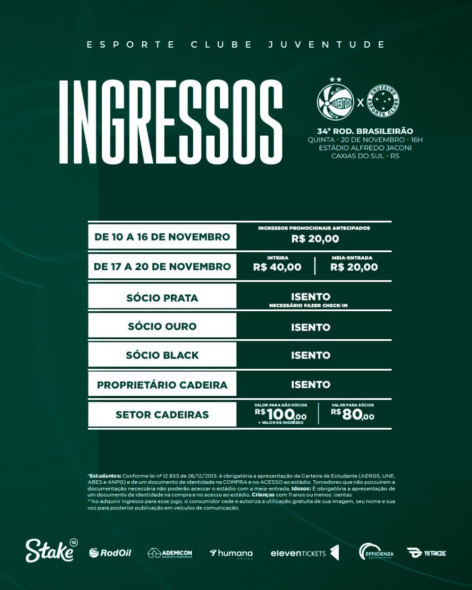 ECJuventude's tweet photo. 𝐎 𝐉𝐀𝐂𝐎𝐍𝐈 𝐉𝐎𝐆𝐀 🏟️🇳🇬 

Contra o Cruzeiro, no dia 20, serão mais de 18 mil vozes Jaconeras cantando e jogando JUnto. 

🟢 Sócios com a mensalidade em dia podem adquirir até 4 ingressos promocionais por R$10 cada, no SAT e https://t.co/aiPG7HjWMd 

A promoção é válida até 19/11 (23h) ou até o encerramento do lote promocional. 

💻 Mais no site: https://t.co/eoItU30SJX 

#ProJaconiEuVou #OJaconiJoga