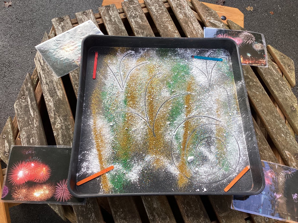 The children in Nursery Wrap created their own firework patterns in flour and glitter. They also continued to develop their number recognition skills by threading the corresponding amount of hoops on a rocket template. Very creative!