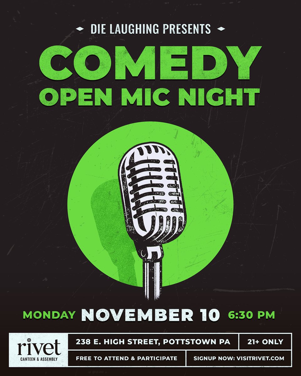 FREE comedy show in Pottstown tonight! Come hang out with us at Rivet and catch comedians performing quick five-minute sets! Presented by <a href="/DieLaughingOrg/">DIE LAUGHING , inc</a>, a non-profit raising awareness and funds for the Penn Medicine Lung Transplant Program.

👉 Details: eventbrite.com/e/free-comedy-…