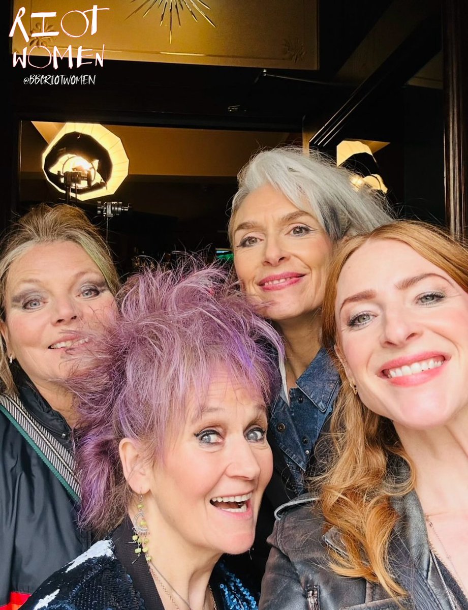bbcriotwomen's tweet photo. All smiles on set of #RiotWomen 🎸 

#JoannaScanlan #RosalieCraig #AmeliaBullmore #LorraineAshbourne https://t.co/cQqW47RYlO