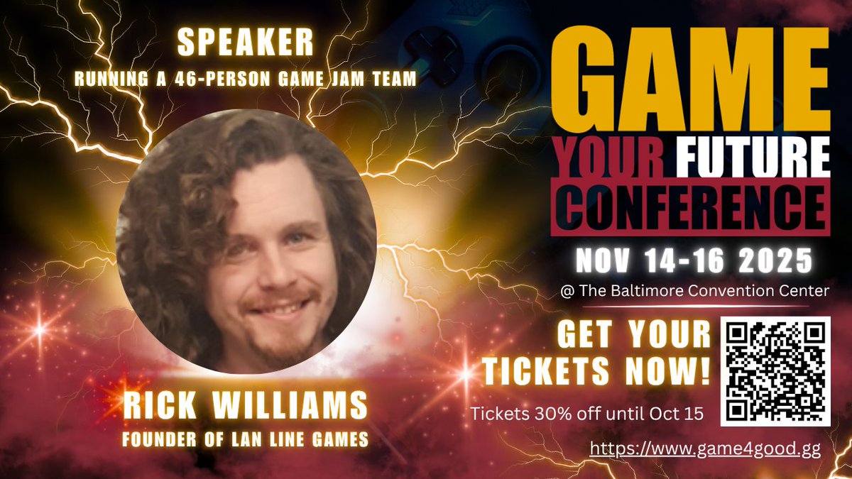 Meet Rick Williams (LAN Line Games) — dev, bootcamp instructor &amp; Maryland organizer. Hear him lead “Running a 46-Person Game Jam Team” and see his games in Level Up Hall. Register: lnkd.in/ezK-3wZQ Code: IMWITHTHESPEAKER 65% off. #GYF2025 #GameWithaPurpose #gamedev