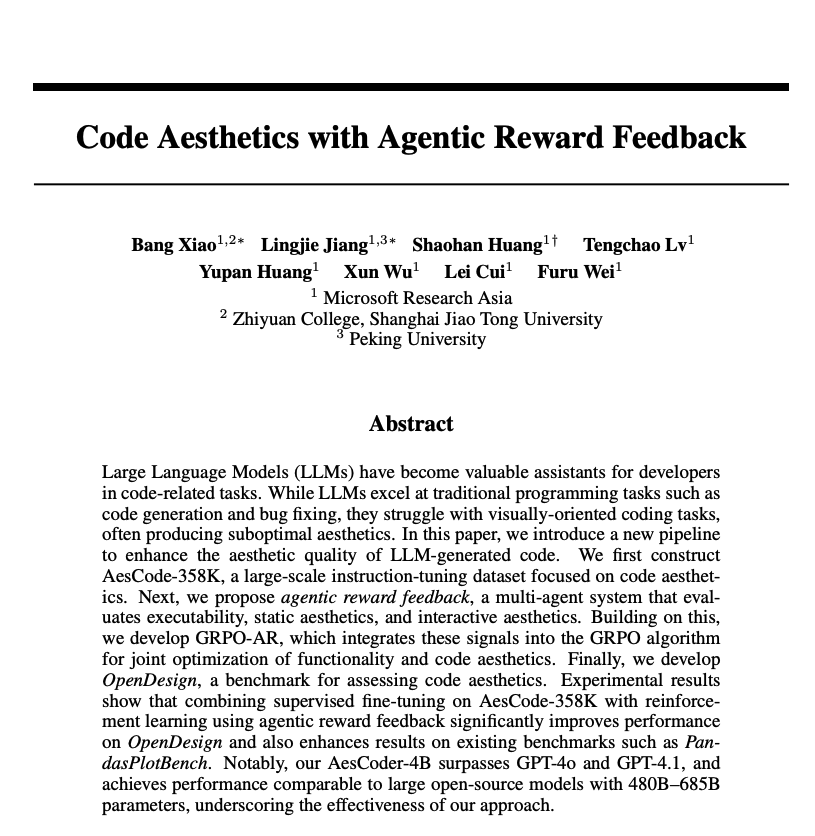 grx_xce's tweet photo. Congrats to @MSFTResearch on AesCoder-4B, a tiny model that introduces GRPO-AR to jointly optimize functionality and code aesthetics, holding its own against models 100x its size

Our team is proud to see SOTA cite Design Arena as baseline

Official Design Arena results coming soon