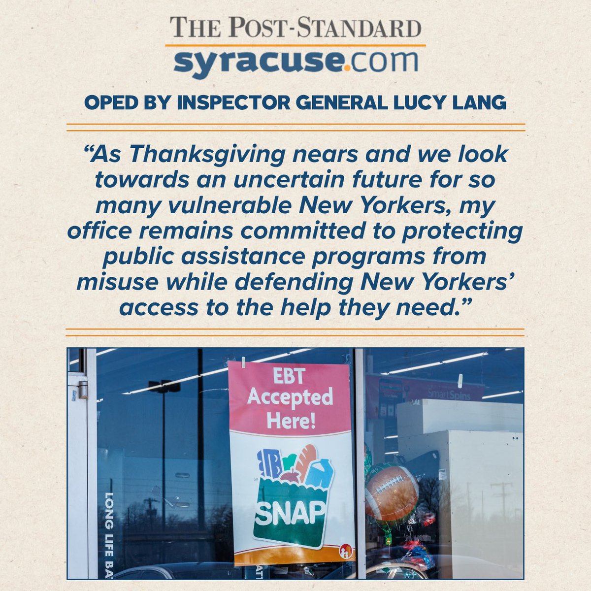 We’re protecting New Yorkers from hunger as the feds abandon the vulnerable.

Read Inspector General Lucy Lang’s new OpEd about how the federal shutdown and the “One Big Beautiful Bill Act” affects Americans with SNAP benefits in <a href="/syracusedotcom/">syracuse.com</a>: bit.ly/3Xi7phc